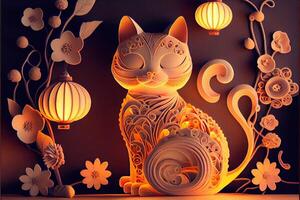 illustration of Paper cut craft, quilling multi dimensional Vietnamese style, cute zodiac kitty cat with lanterns in background, chinese new year. 3d paper illustration style. photo