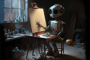 generativo ai ilustración de cyborg ai robot artista en oscuro estudio siguiente a su caballete, pintura y pinturas mientras laboral, neural red generado Arte. digitalmente cuadro, generado imagen. foto