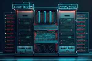 illustration of a platform for hosting contemporary Internet contents. Rack housing server data storage hardware. The equipment in the data center is connected by a lot of network cables photo