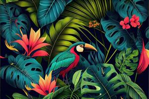 illustration of tropical pattern with jungle vegetation and exotic fauna in bright colors. photo