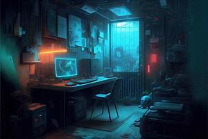 illustration of messy and dark cyberpunk hacker hideout room with lights photo