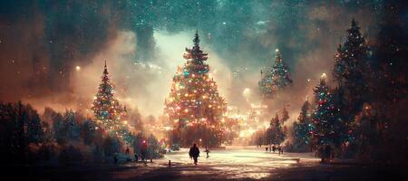 illustration of Abstract fantasy festive christmas tree background header wallpaper, winter abstract landscape. Christmas scene. Banner header. Digital art. photo