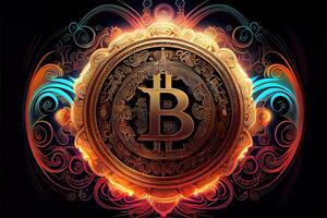 illustration of bit coin bioluminescence, vibrant, dreamy, crepuscular rays, cyberpunk Bitcoin sign with a universal, high tech detail, lighting photo