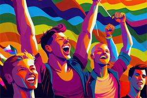 generativo ai ilustración de diversidad joven gay mujer y hombres con ondulación orgullo arco iris bandera. partidarios de el lgbt comunidad. neural red generado Arte. digitalmente generado imagen. foto