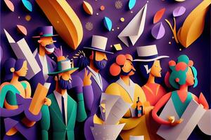 generativo ai ilustración de personas en nuevo años víspera fiesta fondo, hombres y mujer celebrando Días festivos juntos, ir de fiesta, aplausos y baile. papel cortar artesanía, 3d papel ilustración estilo. foto