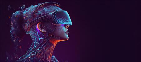 illustration of Metaverse concept and virtual world elements. Side view of human face in augmented or virtual reality headset inside the metaverse photo