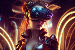 illustration of an enthusiastic young women wearing virtual reality goggles is inside the metaverse. Metaverse concept and virtual world elements photo