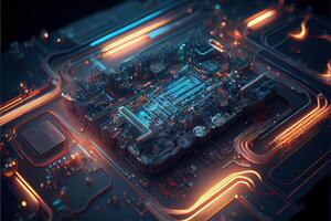 illustration of macro shot of circuit cyberspace board with computer motherboard component microchip with chip structure. Neural network generated art. photo