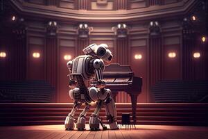 illustration of robot playing the piano in a grand concert hall photo