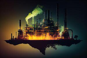 illustration of a double exposure artwork, an oil, gas, and petrochemical refinery facility demonstrates the future of electricity and the engineer photo