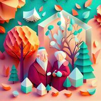 illustration of origami winter background, joyful elderly, colorful. Paper cut craft, 3d paper illustration style. Neural network generated art. photo