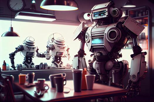 illustration of a futuristic robot cafe with a wide range of robot customers, where robots of all shapes and sizes come to enjoy a cup of java or a sweet treat photo