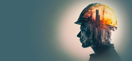 illustration of building construction engineering project devotion with double exposure design in head. Industrial and architecture. Neural network generated art. photo