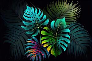 illustration of Dark green tropical leaves colorful neon light, backlight, leaves composition, plant background, manstera, palm leaves photo