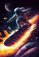 generativo ai ilustración de un espacio explorador montando un propulsado por cohetes tabla de surf mediante un asteroide campo, en un digital Arte estilo con un galáctico color paleta foto