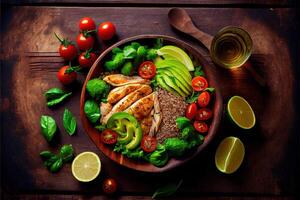 illustration of healthy salad bowl with quinoa, tomatoes, chicken, avocado, lime and mixed greens, lettuce, parsley on wooden background top view. Food and health. photo