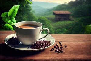 illustration of Cup of coffee and coffee beans on old wooden table and the plantations tea hill background photo