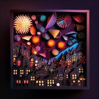 illustration of Photo paper cut quilling multidimensional paper cut, craft paper illustration, fireworks and beautiful city in new year eve, national day with colored lights, pop color.