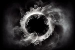 illustration of white smoke exploding outwards with empty center. Dramatic smoke or fog effect for spooky, hot lighting ring circle photo