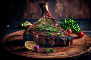 illustration of freshly grilled tomahawk steaks on wooden cutting board, superbly delicious tomahawk steak, barbecue photo