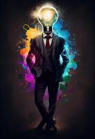 illustration of innovative business, a giant light bulb, dressed in a stylish suit, with colorful lighting surrounding it photo