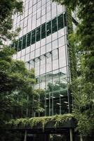 illustration of Gorgeous garden on the rooftop of a contemporary glass office building in Asia photo