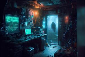 illustration of messy and dark cyberpunk hacker hideout room with lights photo