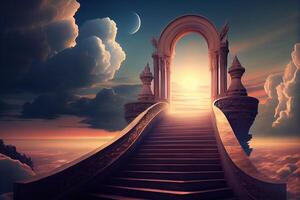 illustration of a stunning staircase that leads up to a heavenly realm. The stairs are illuminated with a soft, ethereal light, a misty, magical haze photo