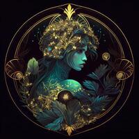 illustration of cyberpunk Zodiac sign with a forest growing on shoulders, galaxy, centered inside intricate gold circle of foliage photo