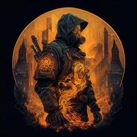 illustration of cyberpunk bio hazard protective suit with a industrial smoke, pollution, centered inside intricate gold and fire circle of city and skyscrapers photo