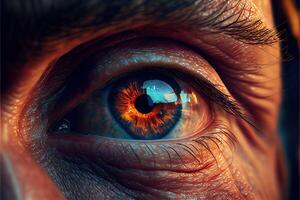 illustration of sadness is seen deep inside, mirroring, hyper realistic, colorful, cinematic lighting, close macro photo shot of an eye of old man.