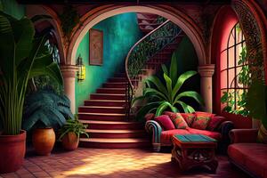 illustration of the beauty and richness of a traditional Mexican living room and patio, with bright colors on the walls, cacti, tropical leaves, lanterns, majestic arches, and stairs photo