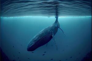 generativo ai ilustración de azul ballena debajo agua, Oceano foto