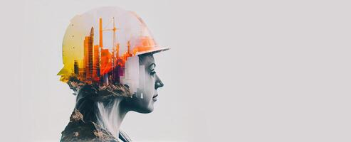 illustration of building construction engineering project devotion with double exposure design in head. Industrial and architecture. Neural network generated art. photo