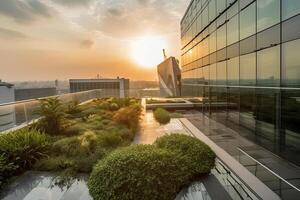 illustration of Gorgeous garden on the rooftop of a contemporary glass office building in Asia photo