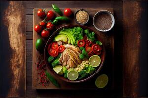 illustration of healthy salad bowl with quinoa, tomatoes, chicken, avocado, lime and mixed greens, lettuce, parsley on wooden background top view. Food and health. photo
