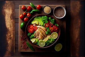 generativo ai ilustración de sano ensalada cuenco con quinua, Tomates, pollo, palta, Lima y mezclado verduras, lechuga, perejil en de madera antecedentes parte superior vista. comida y salud. foto