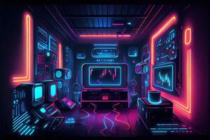 illustration of gaming background, abstract cyberpunk style of gamer wallpaper, neon glow light of scifi fluorescent sticks. Digitally generated image photo