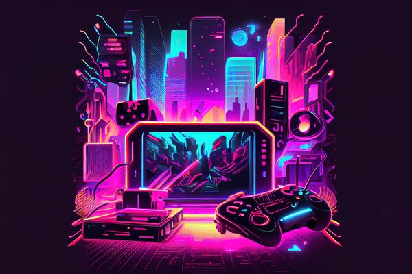 Unique wallpaper is the gamer of the future. Awesome picture of the arcade  machine with neon lights and bright effects. Future of gaming concept.  Generative AI ilustração do Stock