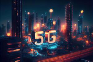 illustration of futuristic city at night, 5G internet network wireless systems and internet of things, smart city and communication network concept. photo