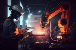 illustration of a real time monitoring system's software, manager engineers inspect and operate automation robot arms machines in intelligent factories, robots welding photo