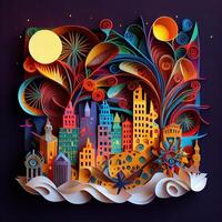 illustration of Photo paper cut quilling multidimensional paper cut, craft paper illustration, fireworks and beautiful city in new year eve, national day with colored lights, pop color.