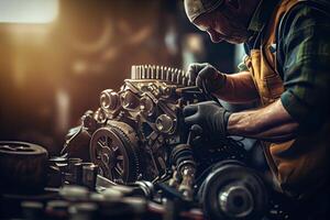 illustration of the expertise and professionalism of a mechanic as he works on repairing the engine of a car in a well-equipped garage photo