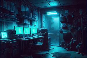 illustration of messy and dark cyberpunk hacker hideout room with lights photo