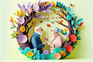 illustration of origami spring background, joyful elderly, happy family with parent, colorful. Paper cut craft, 3d paper illustration style, pop color. Neural network generated art. photo