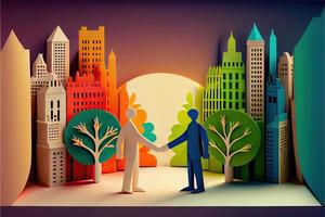 Business man in the city background, colorful. Business handshaking, successful concept. Paper cut craft, 3d paper illustration style. Neural network generated art. photo