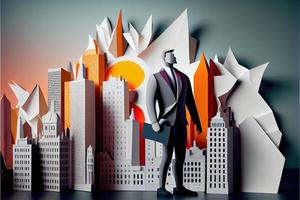 Business man in the city background, colorful. Business handshaking, successful concept. Paper cut craft, 3d paper illustration style. Neural network generated art. photo