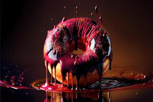 illustration of oil splatters, giant glistening doughnut, dark red candy apple, over top and dripping down sides, floating in black back drop. Digitally generated image photo