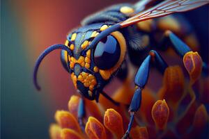 generativo ai ilustración de súper macro retrato de un avispa en un negro antecedentes. cara completa macro fotografía. grande profundidad de campo y un lote de detalles de el insecto. foto