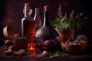 illustration of the ingredients of a flower vase arranged for a witch's cookbook. Herbs, bottles, vials, terracotta mixing pot photo